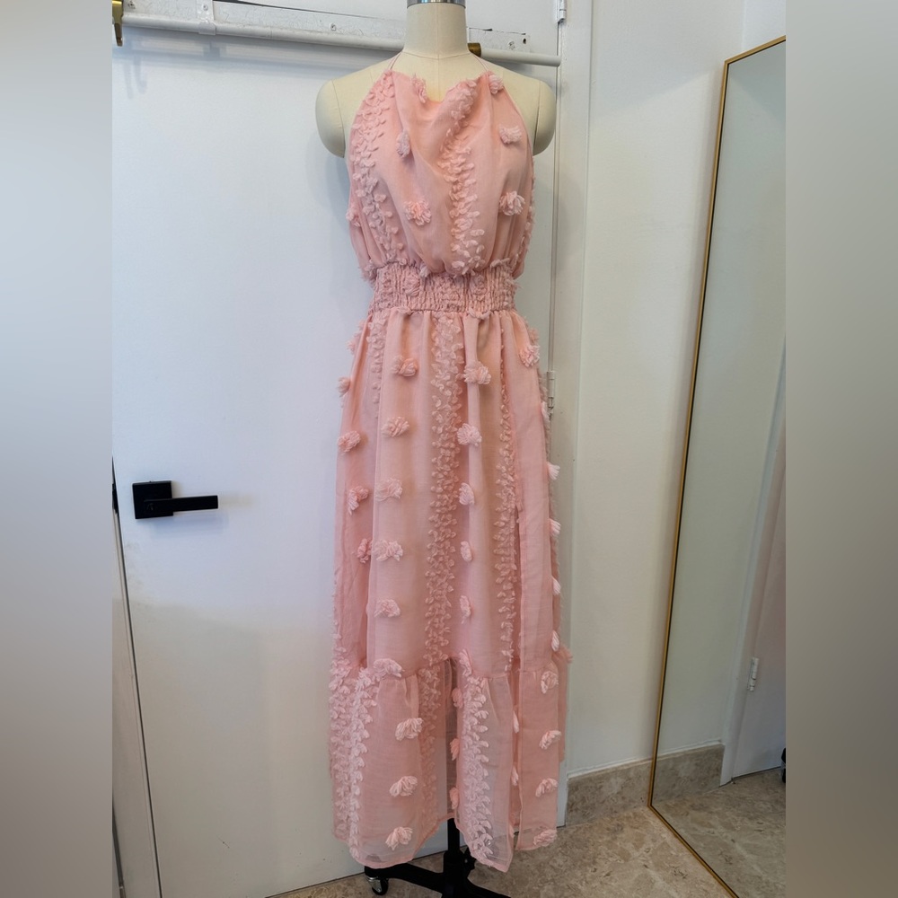 Blush Pink Halter Maxi Dress | 3D Floral Textured Mesh | Boho Romantic Formal
